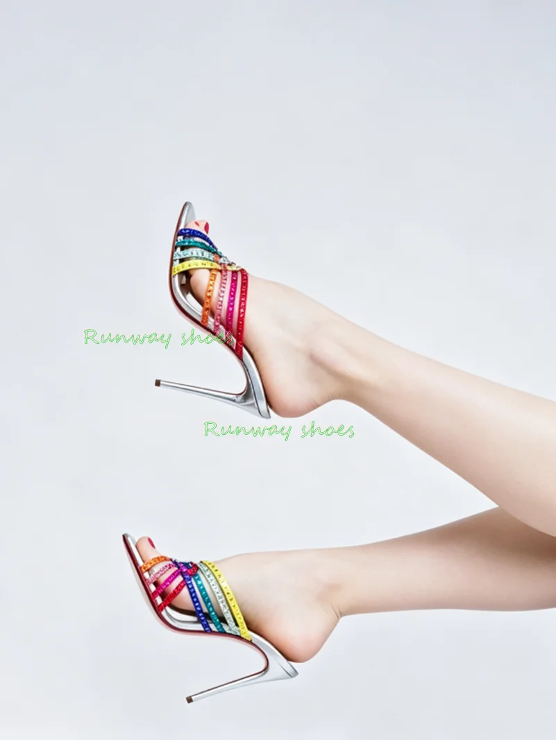 Multicolor Rhinestones Decorate Crystal Straps  High Heel Round Toe Cross Thin Strap Shallow Luxury Slippers Banquet Shoes 2026