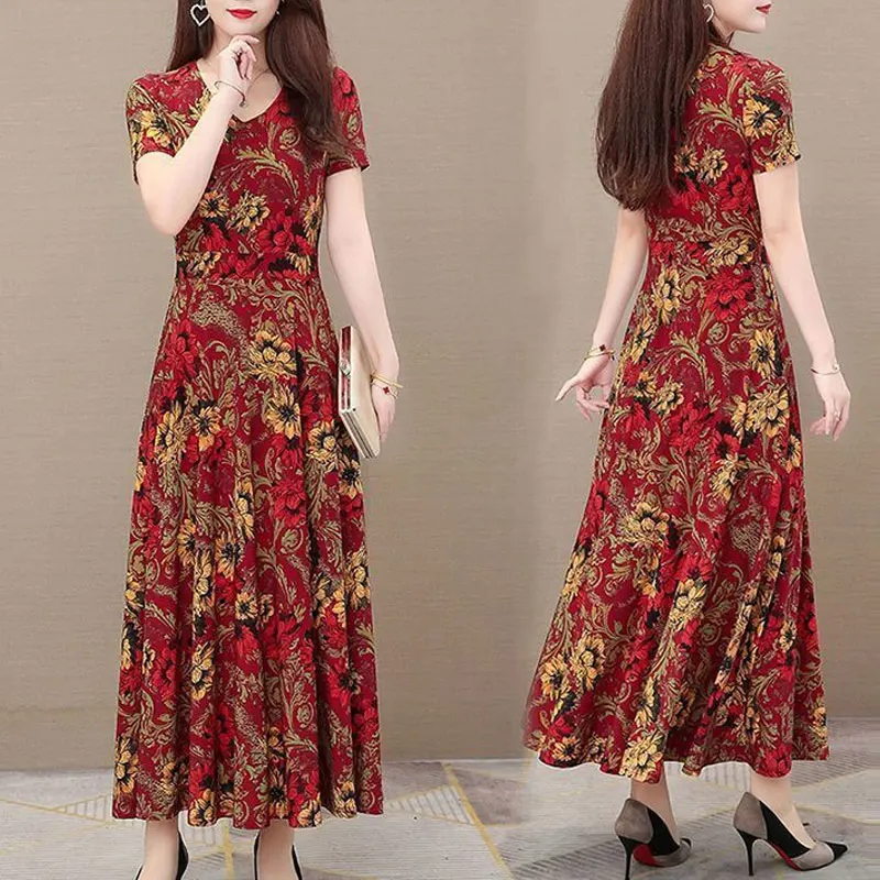 Office Lady Geometric Vintage Floral Printed Midi Dress 2023 Summer A-Line Stylish Spliced Women\'s Clothing Casual Loose Dresses