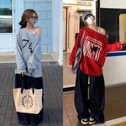 Fat Mm Plus Size 300 Pounds American Off Shoulder Printed Long Sleeved T-shirt Women's Autumn New Loose Slim Versatile Top