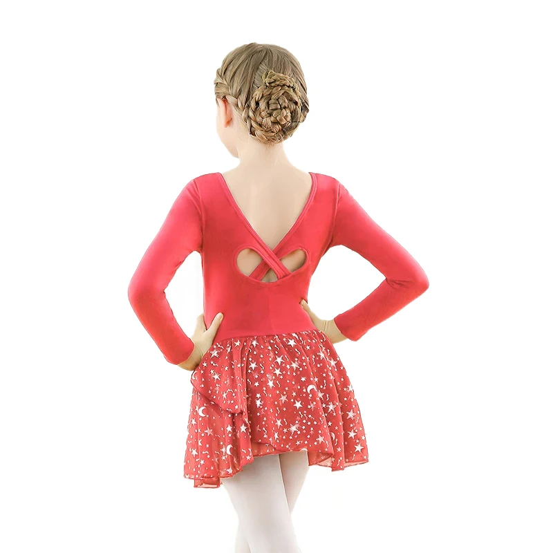 Collant de balé infantil para meninas, vestidos de dança de manga comprida, oco, cruzado, saia brilhante para performance de dança
