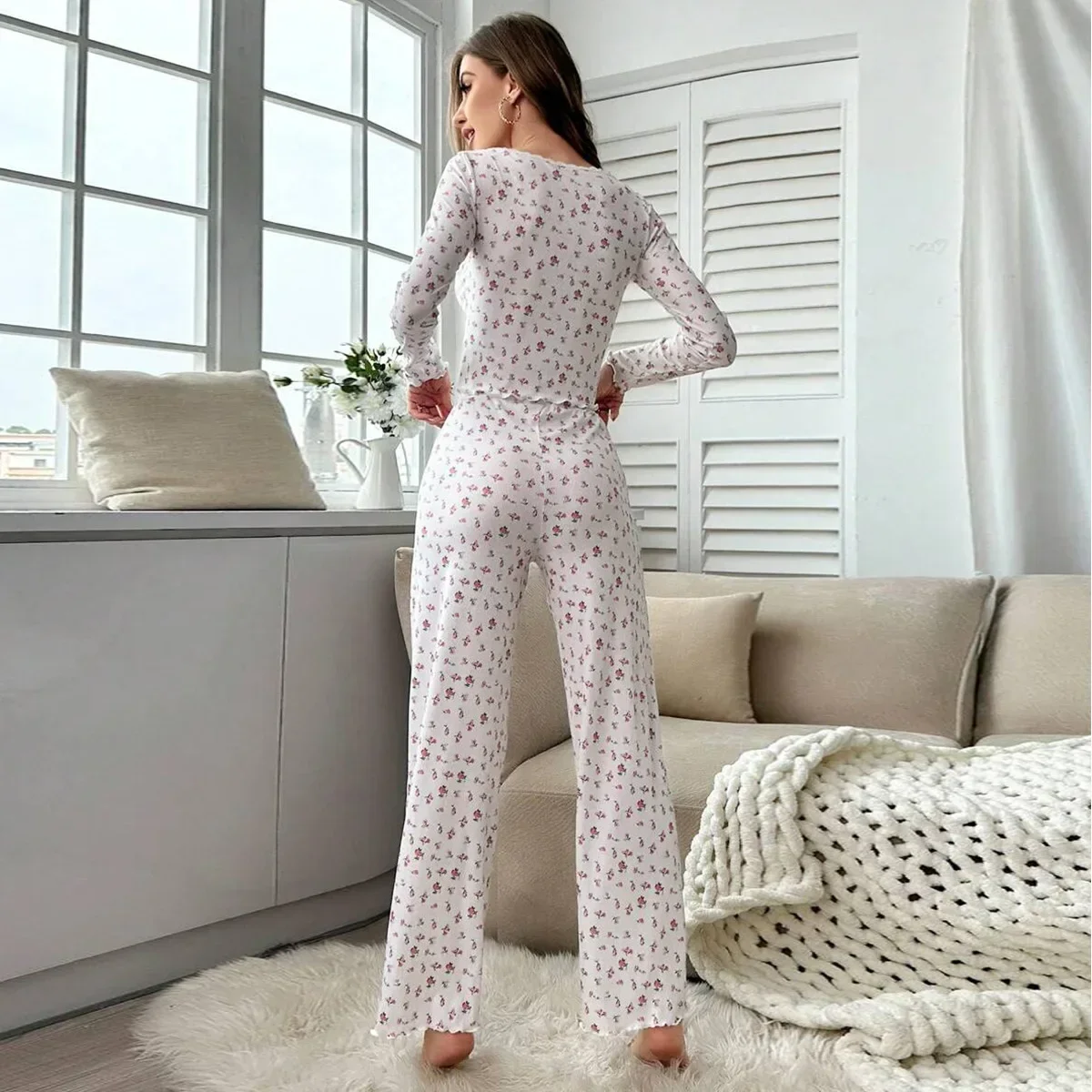 

Sleepwear Women Floral Print Lettuce Trim Top with Long Pant Lovely Loungewear Full Sleeve Nightwear Spring Autumn Pajamas Set