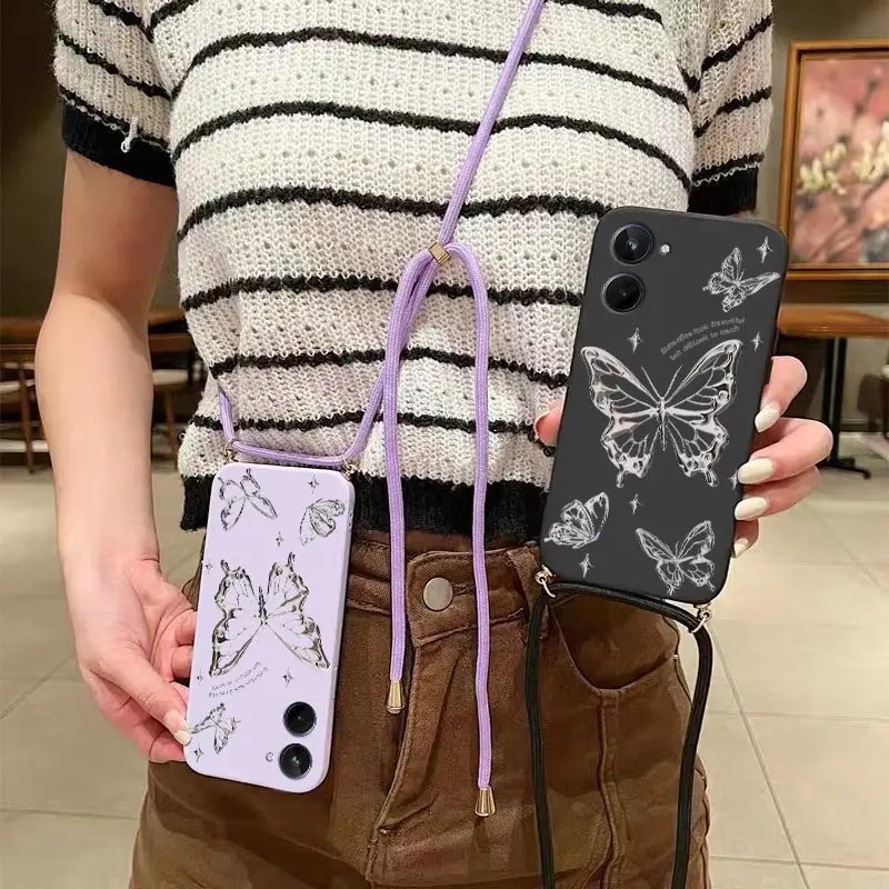 10 Silver Butterfly Lanyard Silicone Phone Case For Realme 10 10Pro 9 8Pro 10ProPlus 12 12X 10T 9Pro C65 C55 C53 C67 C25 Cover