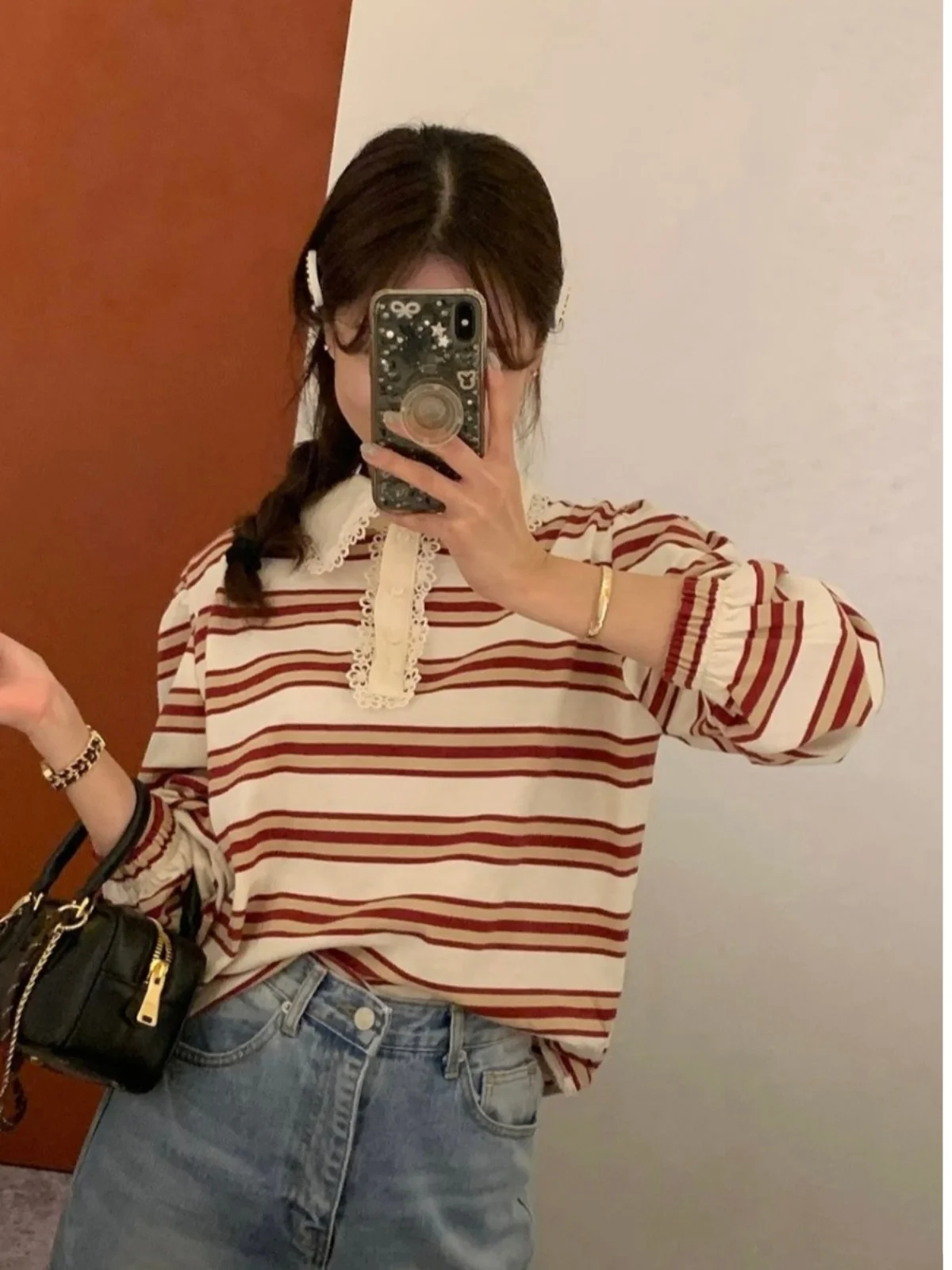 Ruche gestreept lang Sve ort Sweatshirt Dames Design Sense Jeugdige poppenkraag Bubble Sve Koreaanse Sle Koreaanse versie