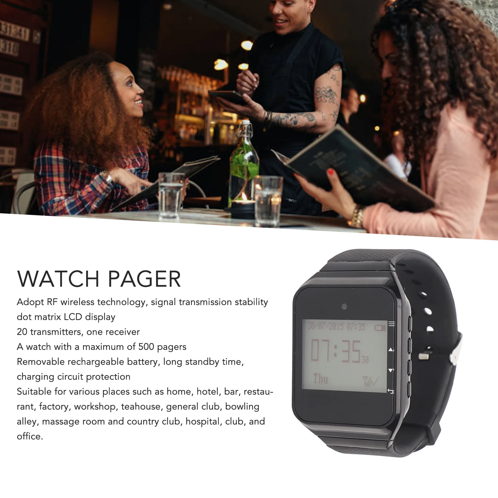Wireless Watch Calling System Watch Pager 20 Call Buttons LCD Display Rechargeable Wireless Watch Calling System Caregiver Pager