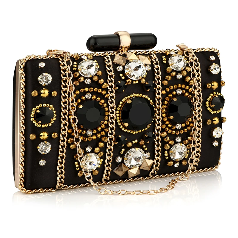 

2024 Black Clutch Bag Bohemia Style Rhinestone Cocktail Party Prom Female Clutch Chic Chain Classic Boxy Shape Designer Clutches