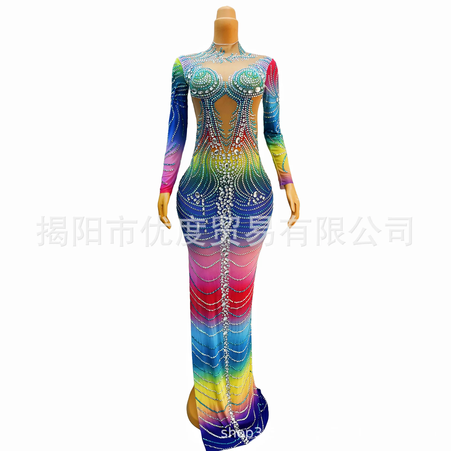 2026 Dream Colorful Perspective Mesh Shiny Rhinestone Reception Party Night Long Dress Performance Blue Mercury Gradual Change