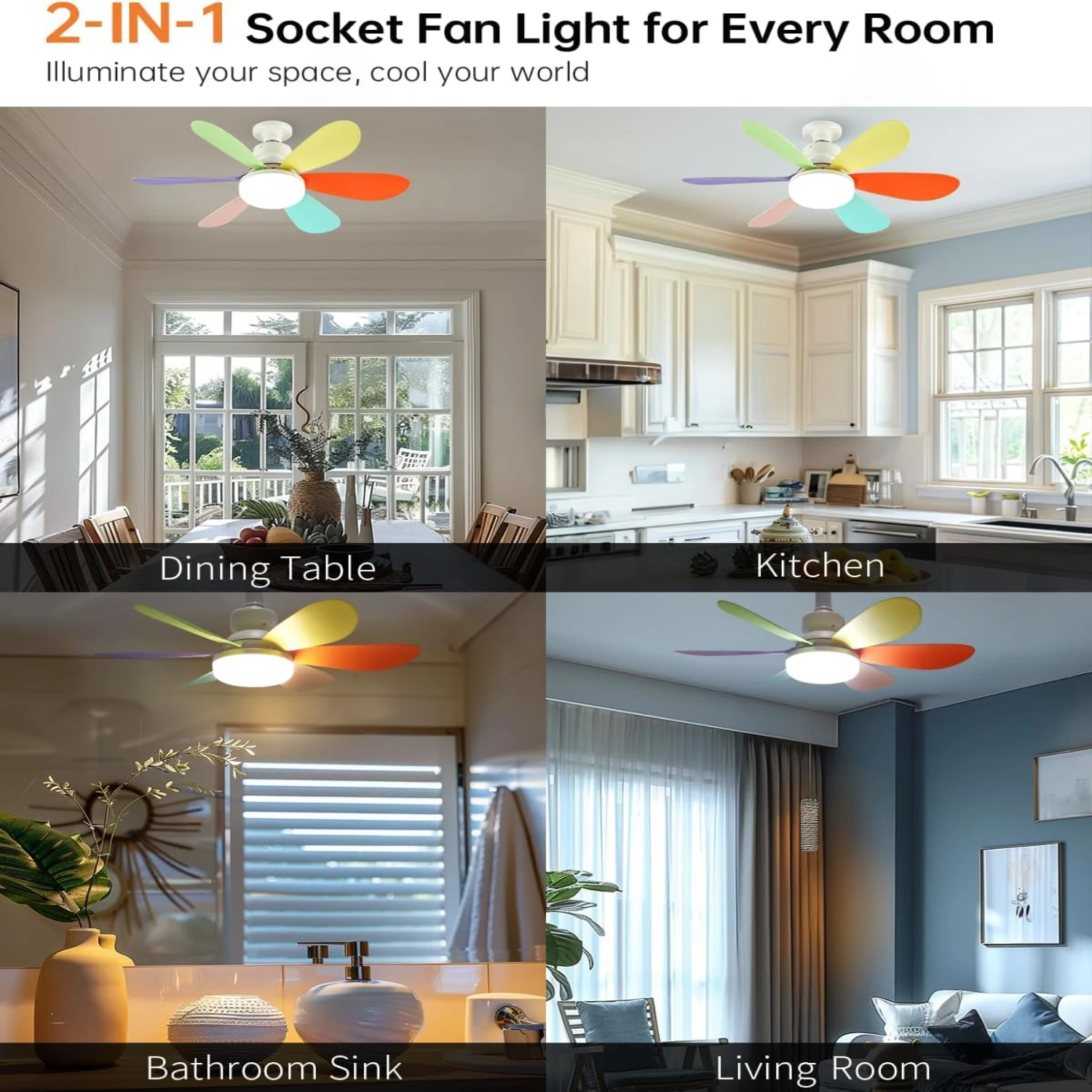 Потолочный вентилятор с дистанционным управлением 20,5 дюйма с розеткой, небольшой светильник с регулируемой яркостью E26, 1800 люмен, 3 цвета 3000K-65