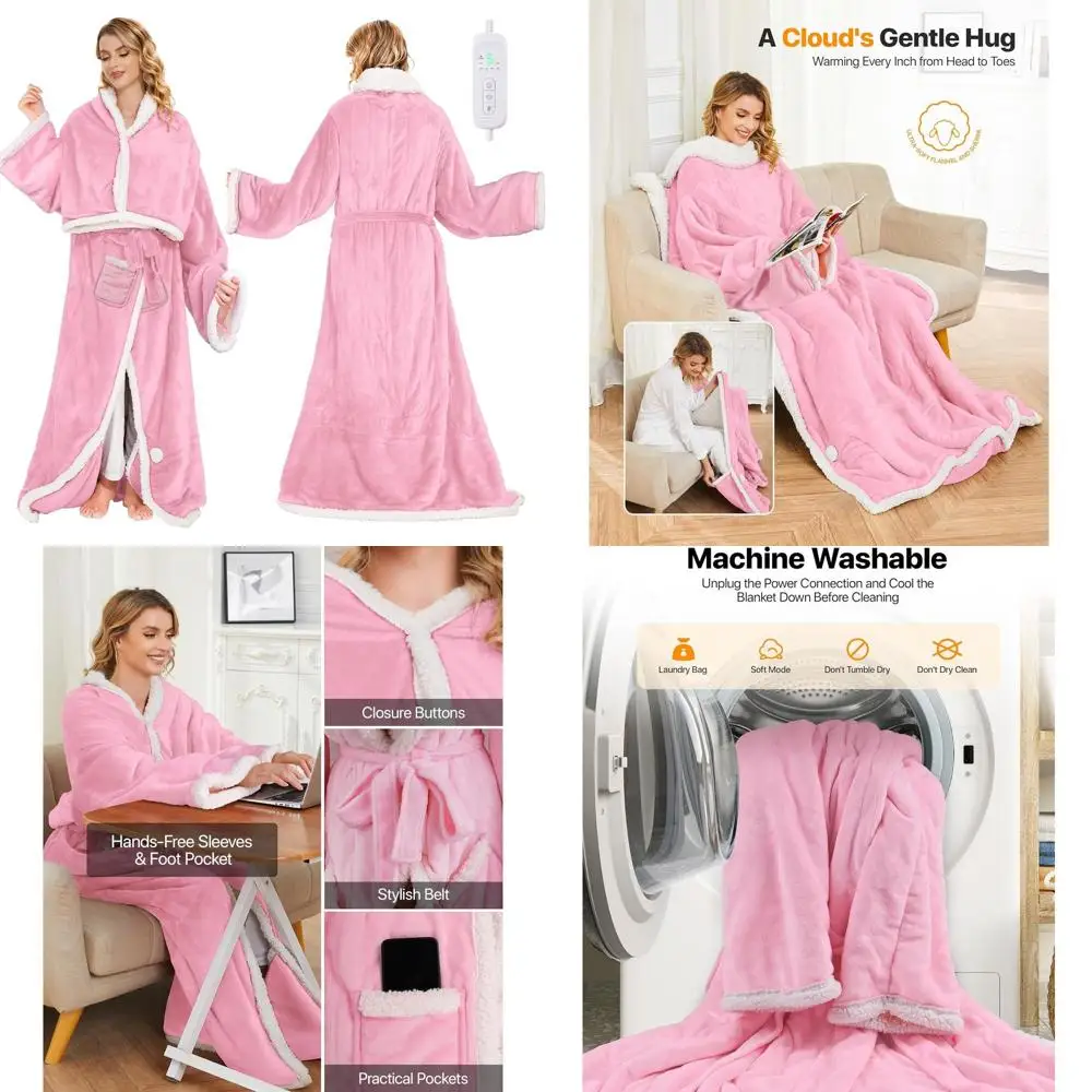 

Pink Electric Throw Blanket with 8 Heat Levels, Timer, Foot Pockets & Sleeves, 50x60 - Cozy Sherpa & Flannel Wearable Blanket fo