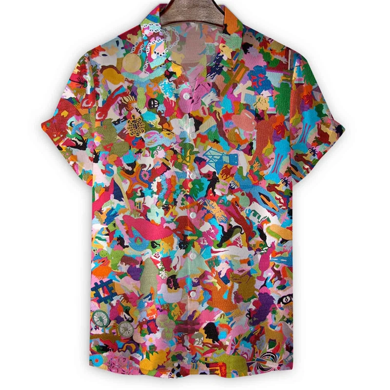 Colorful Art Painting Hawaiian Shirt Men Summer Vacation Short Sleeves Loose Tees Cool Street Button Lapel Blouse Tops Clothes