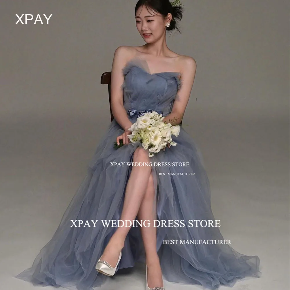 

XPAY Elegant Dusty Blue Korea Evening Party Dresses Women Wedding Photo Shoot Prom Gown Pleats Draped Birthday Formal Dress