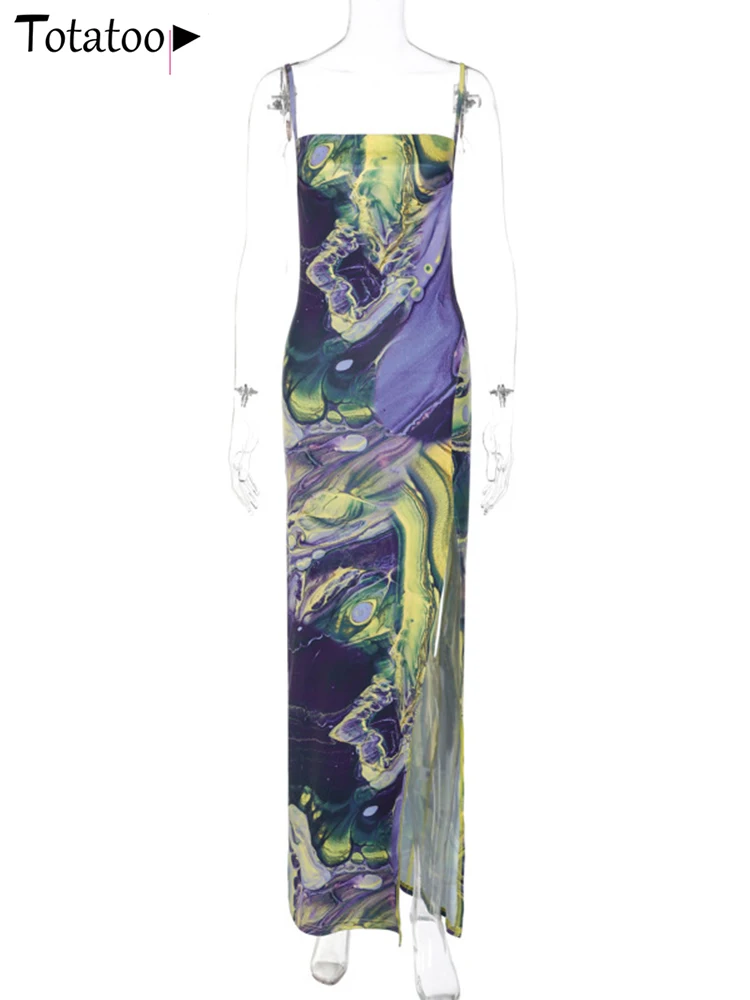 Totatop-Vestido largo de fiesta Vintage con tinte dibujo anudado para mujer, vestido largo drapeado con cuello vuelto, sin mangas, con tiras, vestido largo con abertura alta para verano 2024