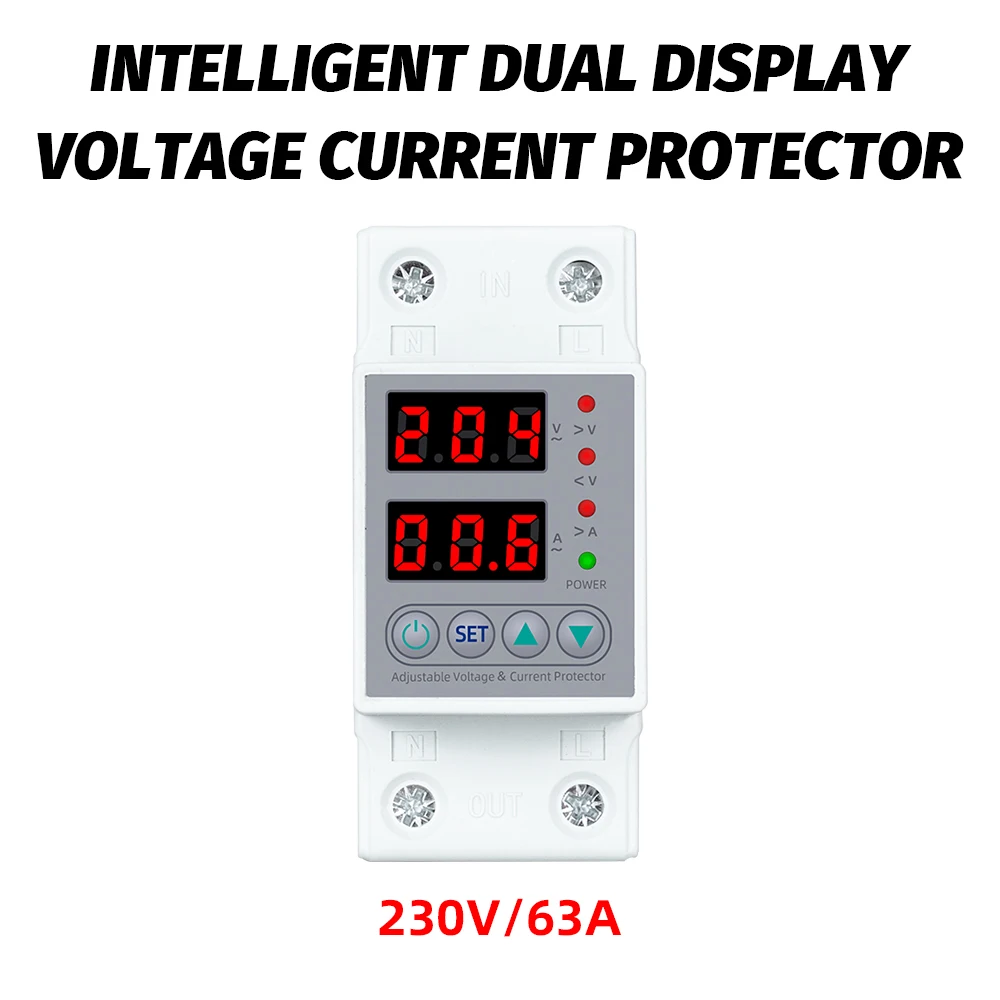 

40A 63A 80A Din Rail Dual Display Adjustable Over Voltage Current and Under Voltage Protective Device Protector Relay 220V 230V