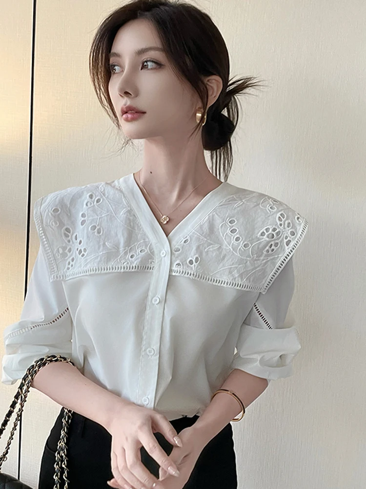 

Autumn Fashion Sexy V-Neck Embroidered Hollow White Shirt For Women Retro Elegant Long Sleeve Female Office OL Casual Blouse