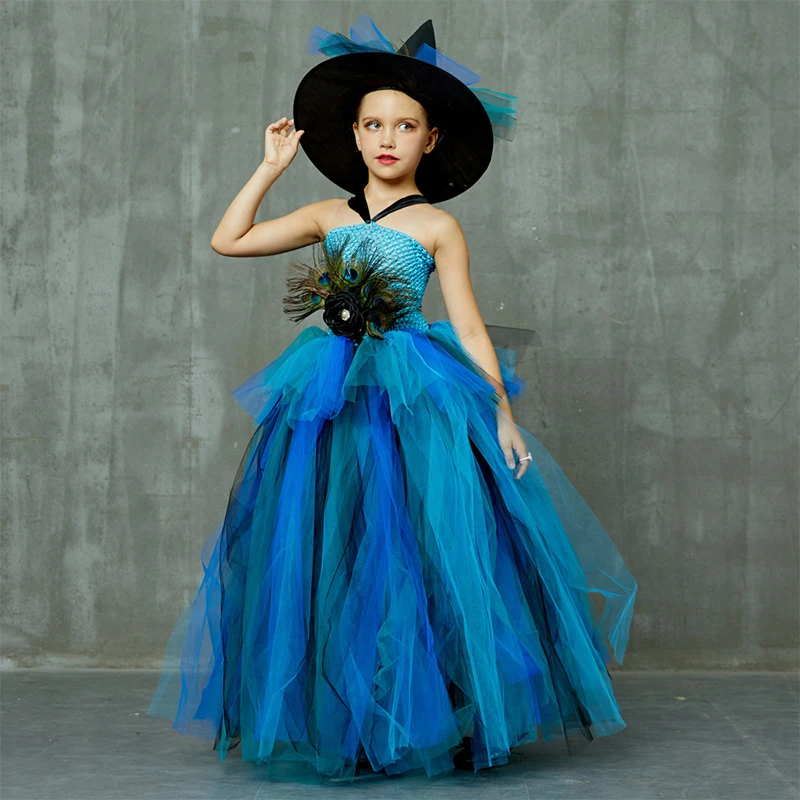 

Peacock Long Dresses for Girls Tutu Dress Kids Halloween Pageant Costumes Children Birthday Fancy Dress Ball Gown Ankle