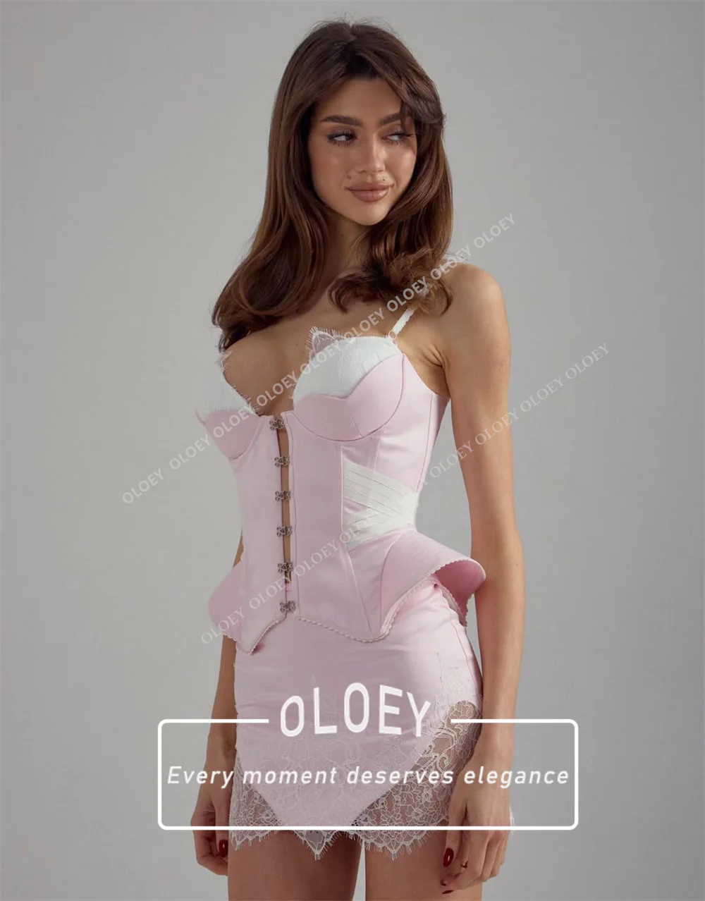 OLOEY Modern Pink Short Prom Cocktail Dress Pleated Lace Contrast Color Mini Wedding Party Gown Customized Prom Gown Corset
