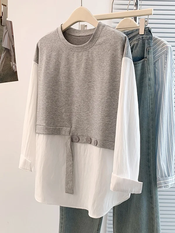 

Loose Fit Korean Japanese Sle Casual Long Sve T-irt Women's plus Size Patchwork Top Age-Defng Versatile Faionable