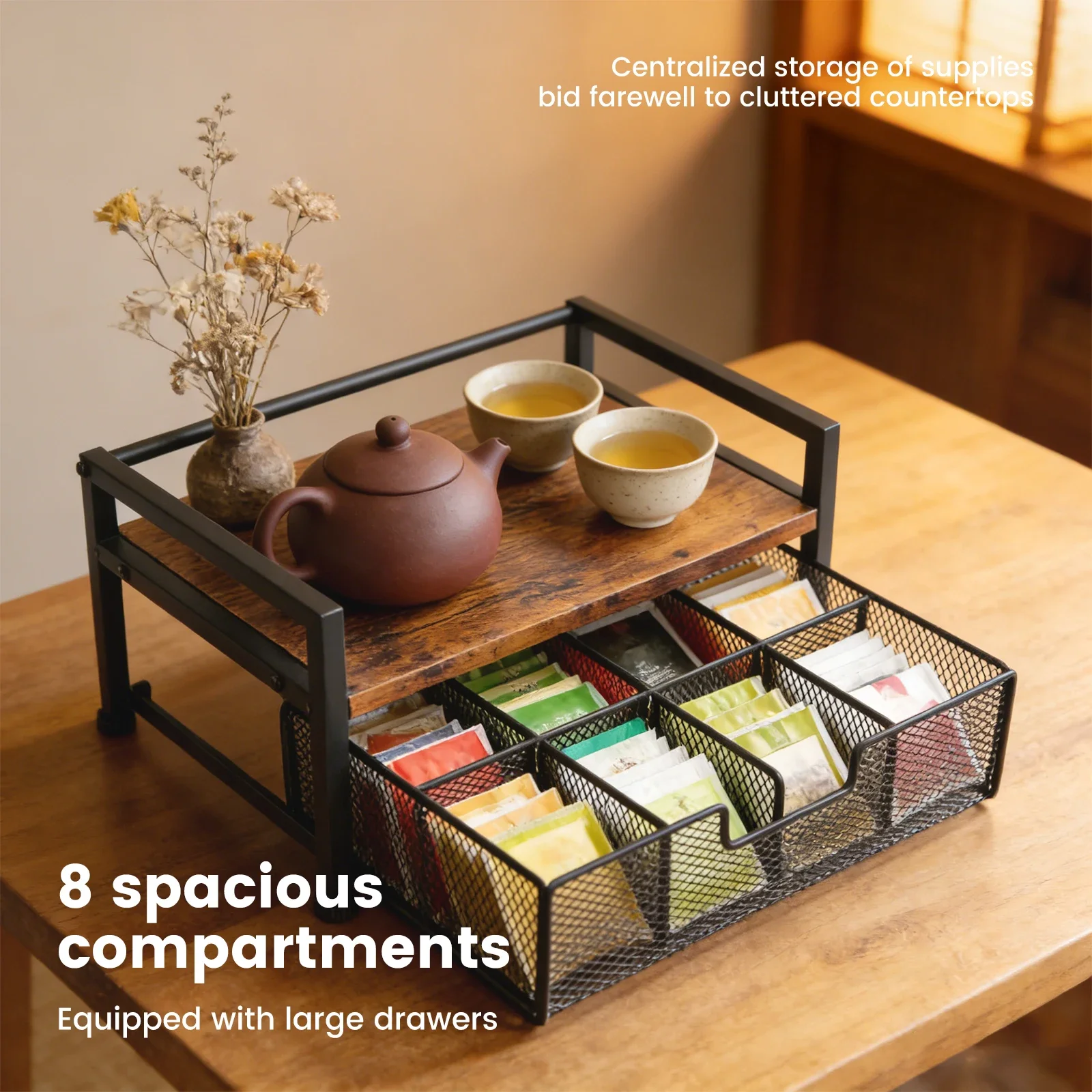 Wood Tea Bag Organizer Drawer Large Capacity Countertop Teabag Holder Multiple Compartments Home Office Snack Storage Racks