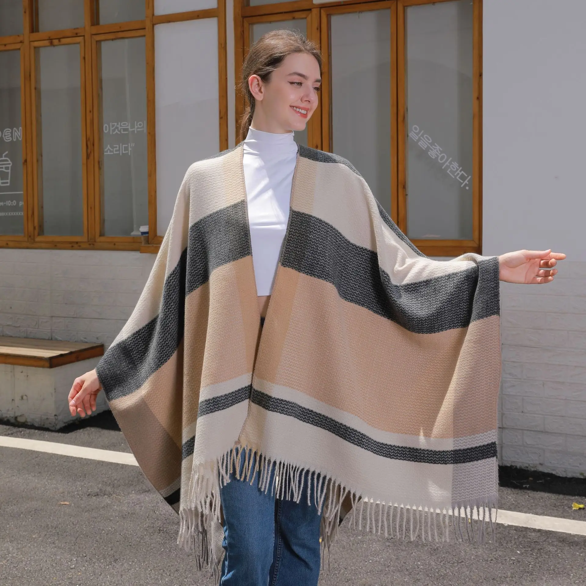 

5 Colors Autumn Warm Double Side Bat Type Knitted Tassel Poncho Streetwear Faux Cashmere Women Printed Striped Shawl Cape