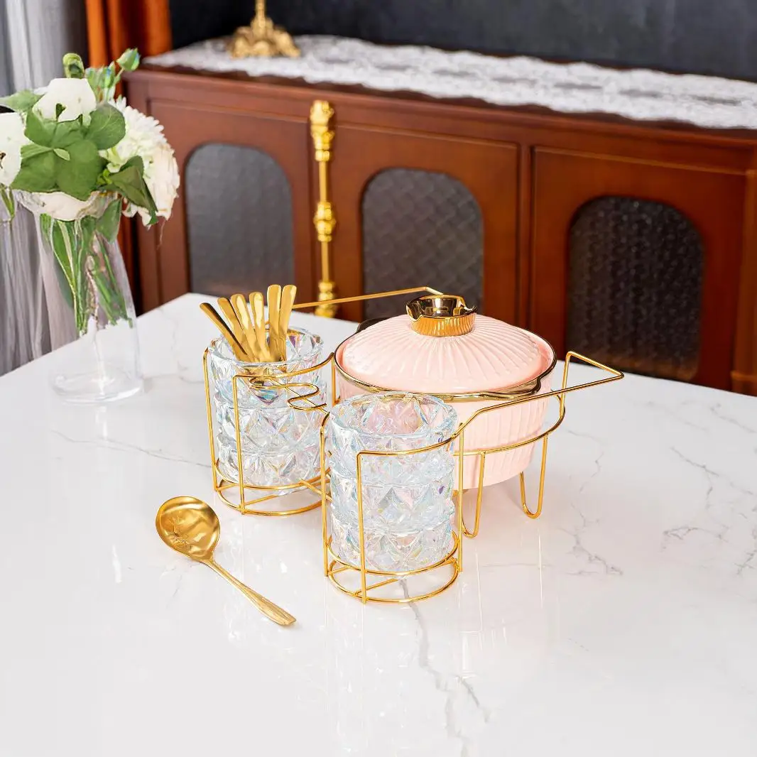 Gold striped ceramic soup pot glass bowl set Cross-border creative ceramic heating iron frame soup