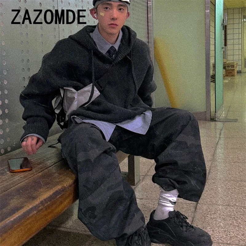 ZAZOMDE Winter Warm Sweater Hoody Japanese Style Loose Solid Color Hooded Sweater Collection Lazy Style Knit Sweater Pullove Men