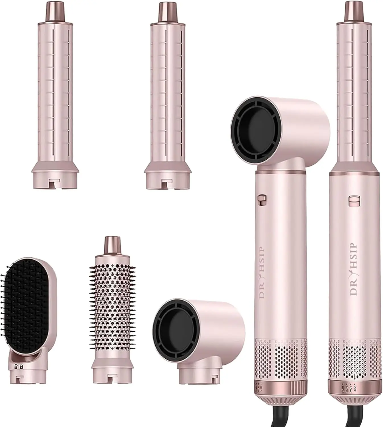 

5-in-1 Hair Styler Curler & Air Dryer Brush, Low-Speed Ionic Blow Dryer for Curling Volumizing Straightening, Pink