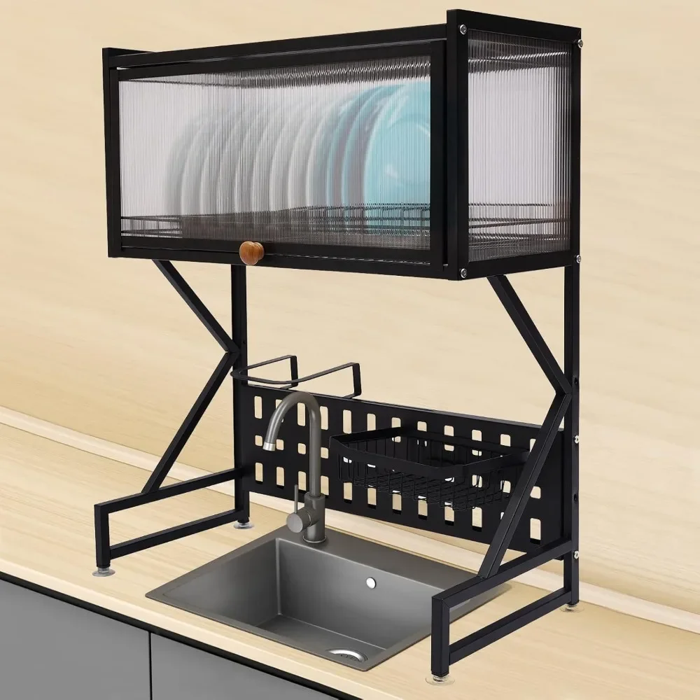 

2 Tier Over Sink Dish Drying Rack, Metal Drainer Shelf Freestanding, Cutlery Holder Basket Space-Saving, Drain rack