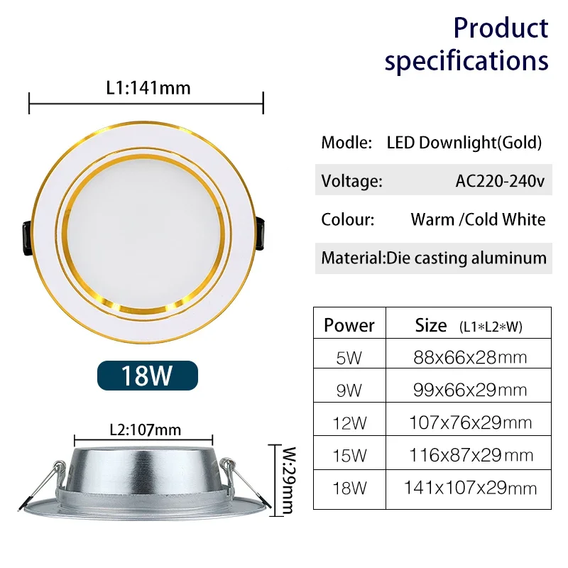Spot lumineux Led pour le plafond, éclairage d\'intérieur, luminaire de plafond, 5/9/12/15/18W, AC 220/230/240V, 10 unités par lot