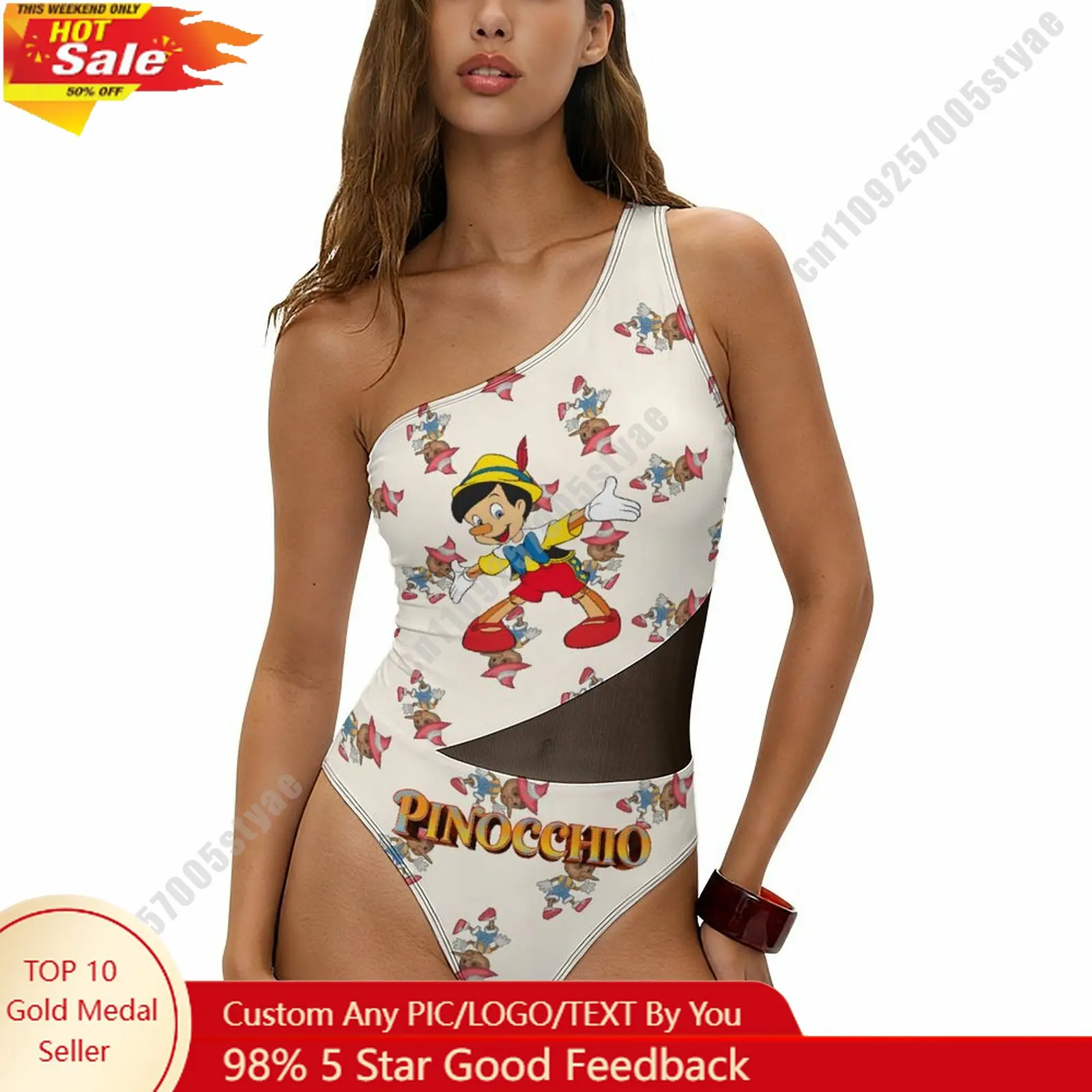 

Pinocchio Swimsuit Disney Personalized Custom Print One Piece Swimwear Sheer Mesh Cutout Bathing Suit Beachwear Holiday Gifts