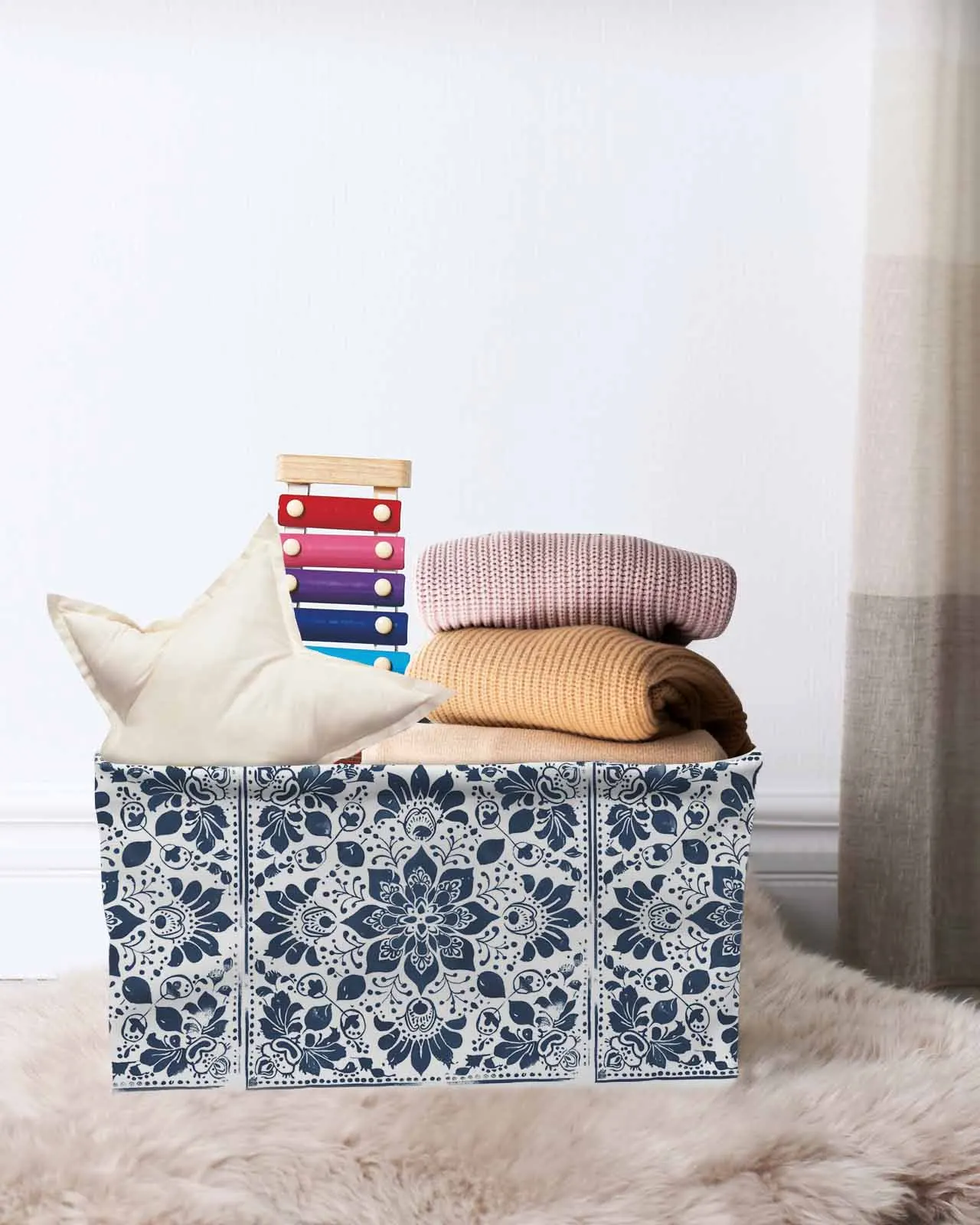 Leaf Flower Pattern Mandala Basket Clothes Folding Storage Box For Nursery Underwear Toy Organizer Laundry Basket With Handle