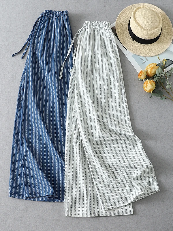 Korean Lazy Style Vertical Striped Wide Leg Pants Women Summer New Loose Drape Elastic Waist Straight Casual Walking Pants