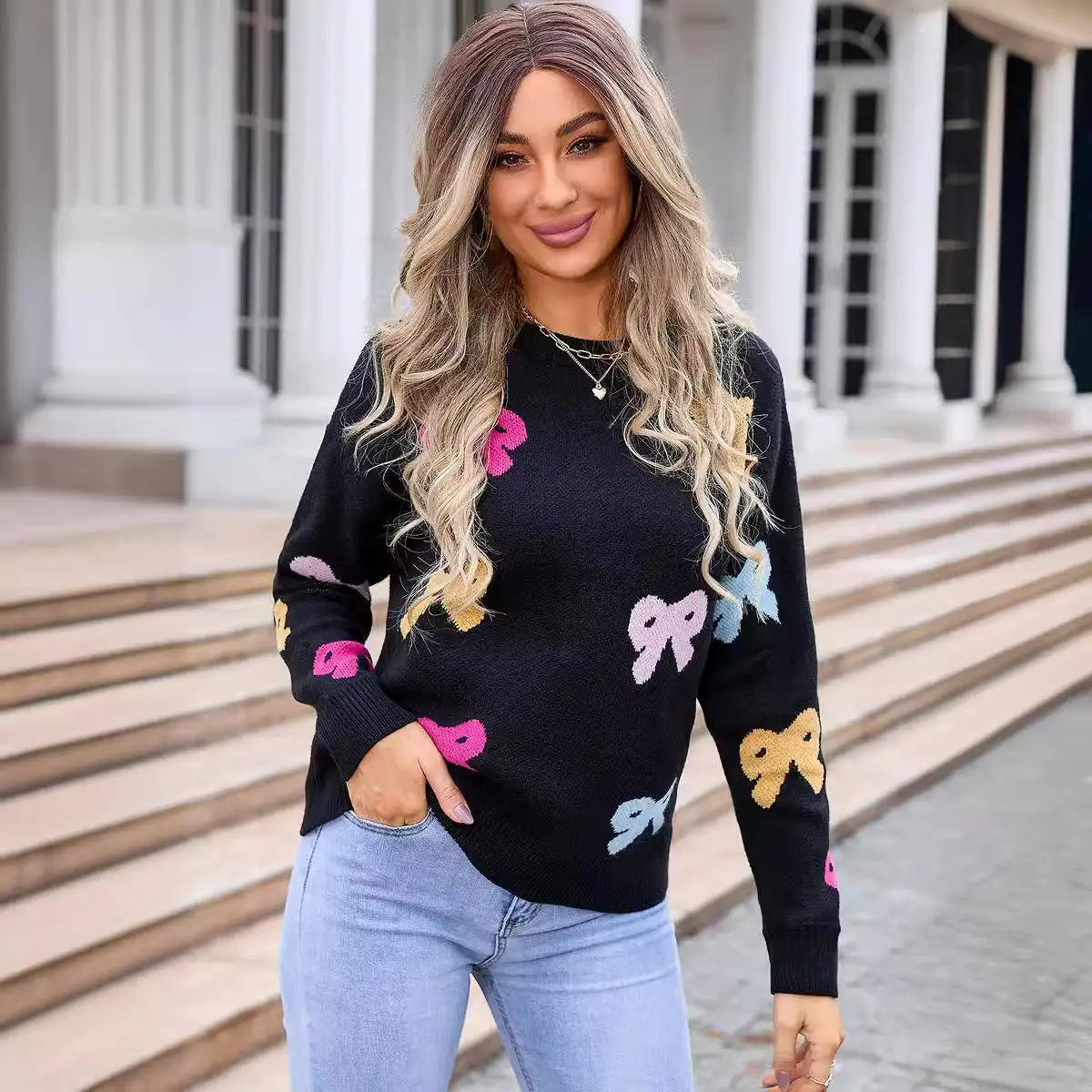 

Весна 2025, женский вязаный свитер с круглым узлом, модный трансграничный трикотаж, Новое поступление, модный