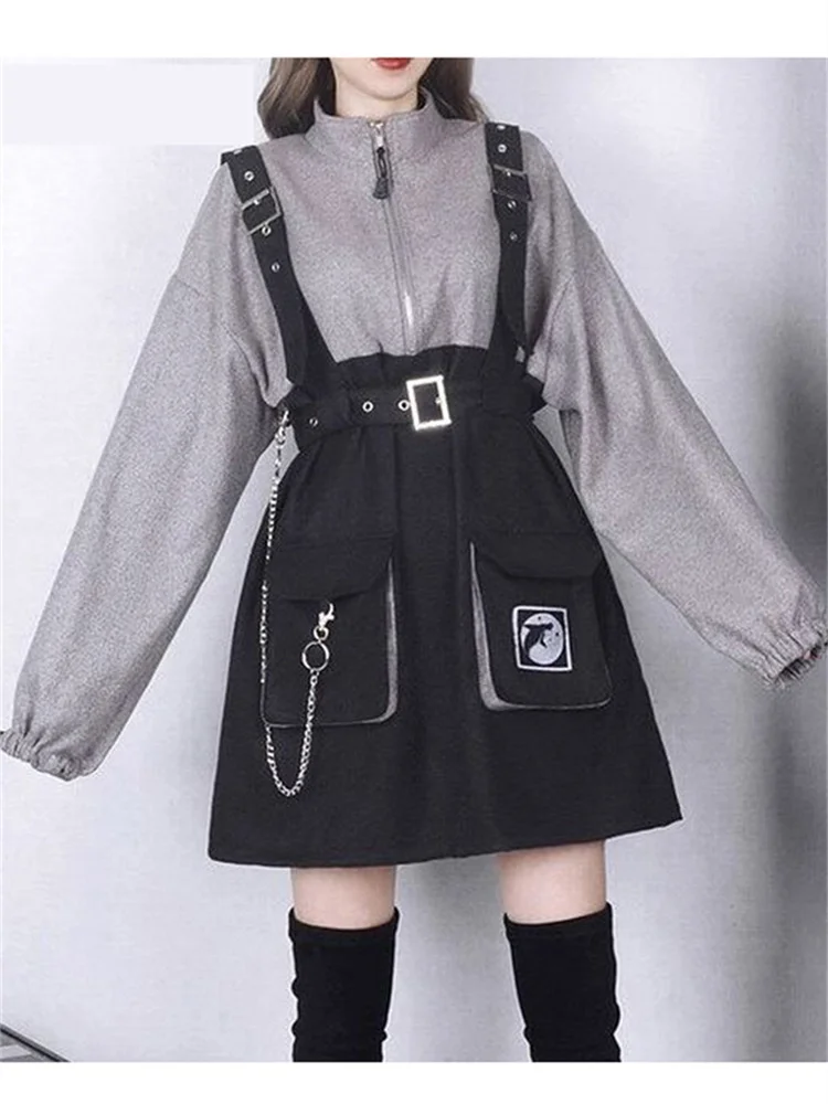 

2023 Woman Dress Gothic Girls Y2K Vintage Clothes Strap Belt Chain Loose Casual Sweatshirt Dresses Sets Lolita Korean Robe Femme