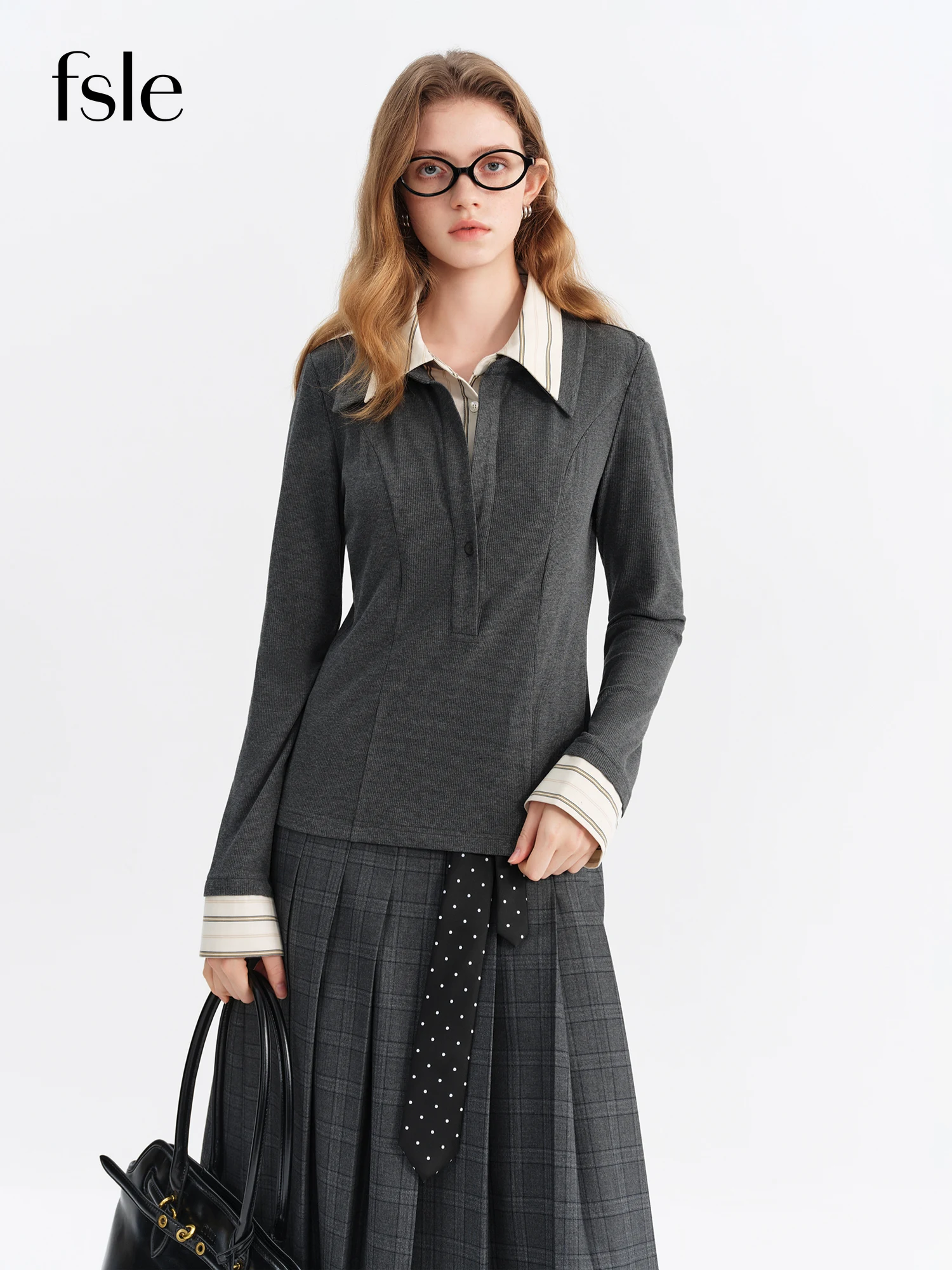 

FSLE 2025 Autumn Winter Women's False Two-Piece Knit Sweater with Stripe Accents - Long Sleeve Layering Top for Casual