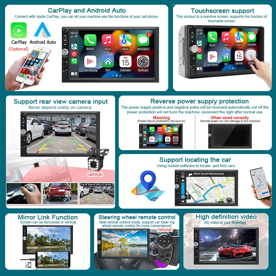 2 din راديو السيارة 7 "HD شاشة تعمل باللمس Autoradio مشغل وسائط متعددة العالمي سيارة ستيريو مشغل MP5 BT FM Carplay أندرويد كاميرا السيارات #2