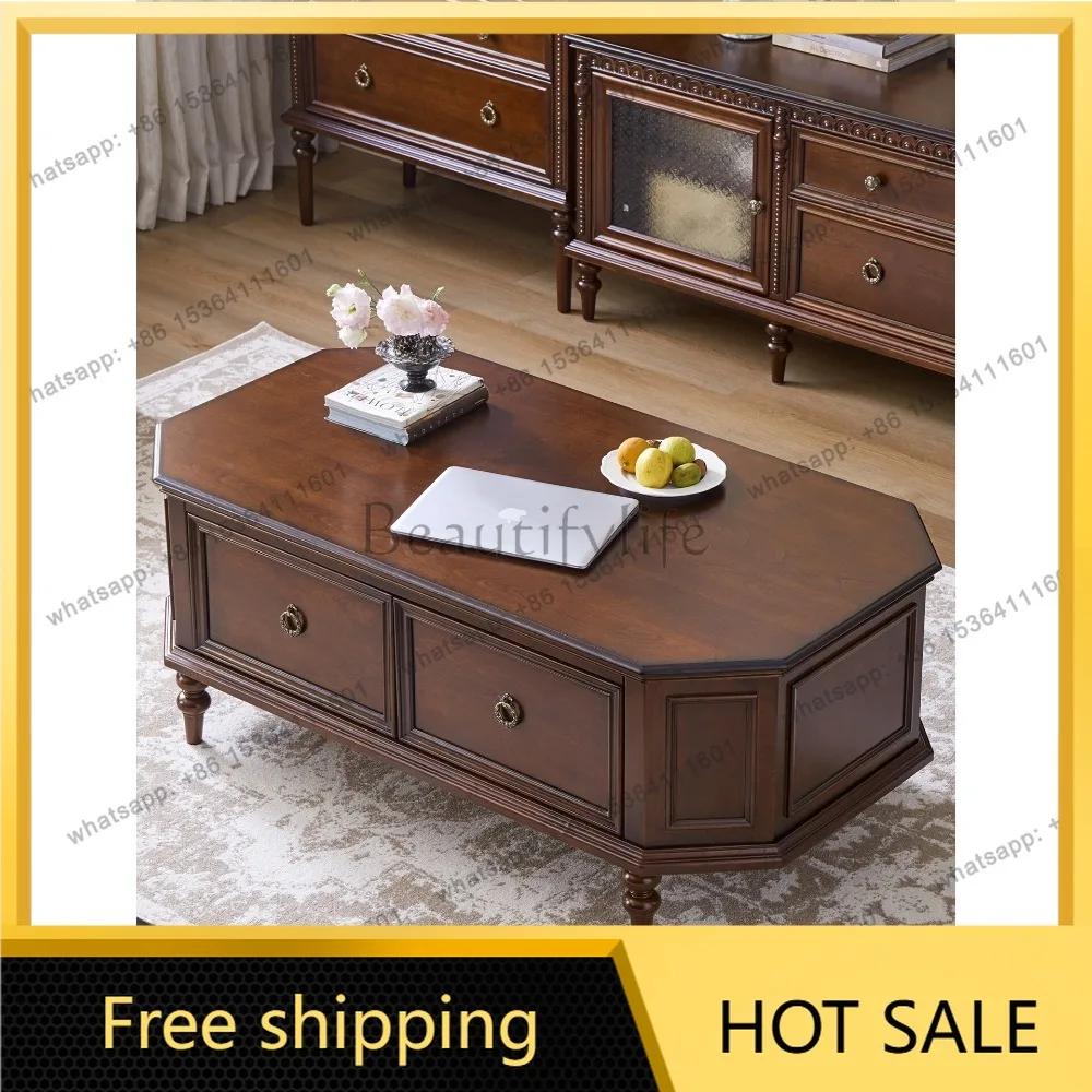 Hot antique solid wood coffee table walnut French retro all solid wood storage rectangular coffee table