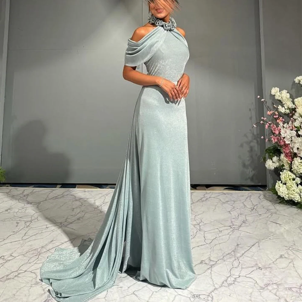 Fashion Off the Shoulder Evening Dress Straight Floor Length Sweep Train Women Customized Short Sleeve Sexy Backless Gown