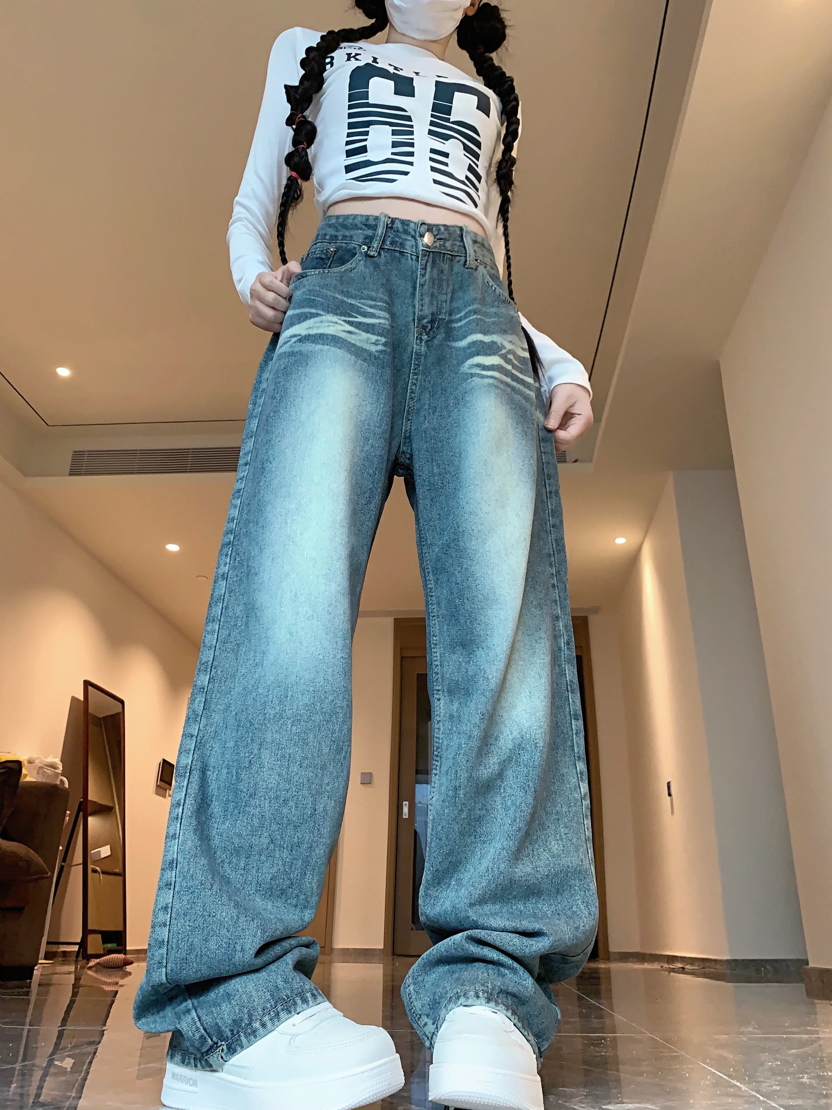 워싱 레트로 스트레이트 와이드 레그 진 신상 여성용 루즈핏 브러쉬드 스트레이트 팬츠