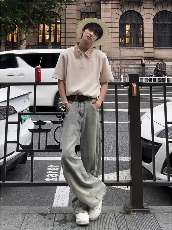 

Retro Waed Blue Men's Denim Jeans Slanted Cut Knife Straight Leg American High Street Trend Wide Leg Micro Flare Pants