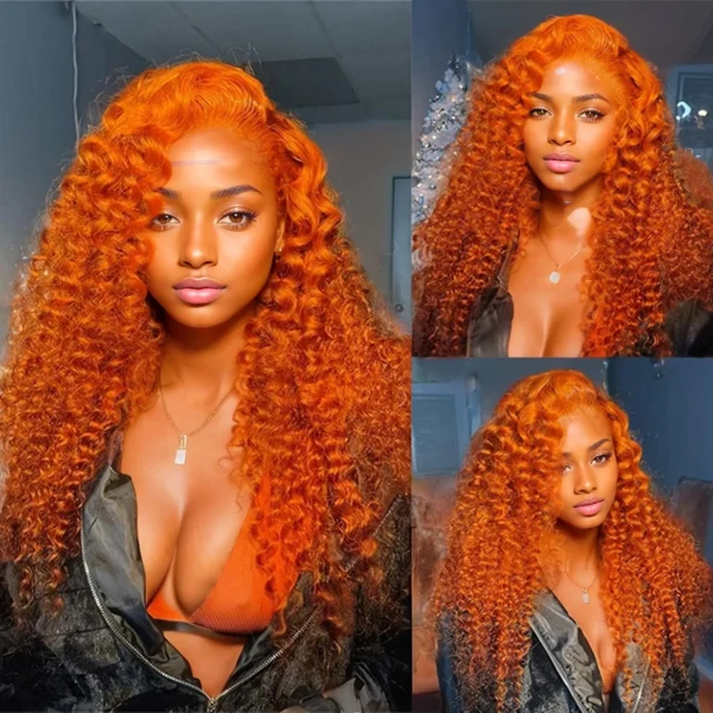 Brazilian Curly Lace Frontal Perucas, Onda Profunda Do Cabelo Humano, Gengibre Laranja, 13x4 HD Lace Front Wig, 250 Densidade, 30 ", 34", 38 ", 13x6, #350