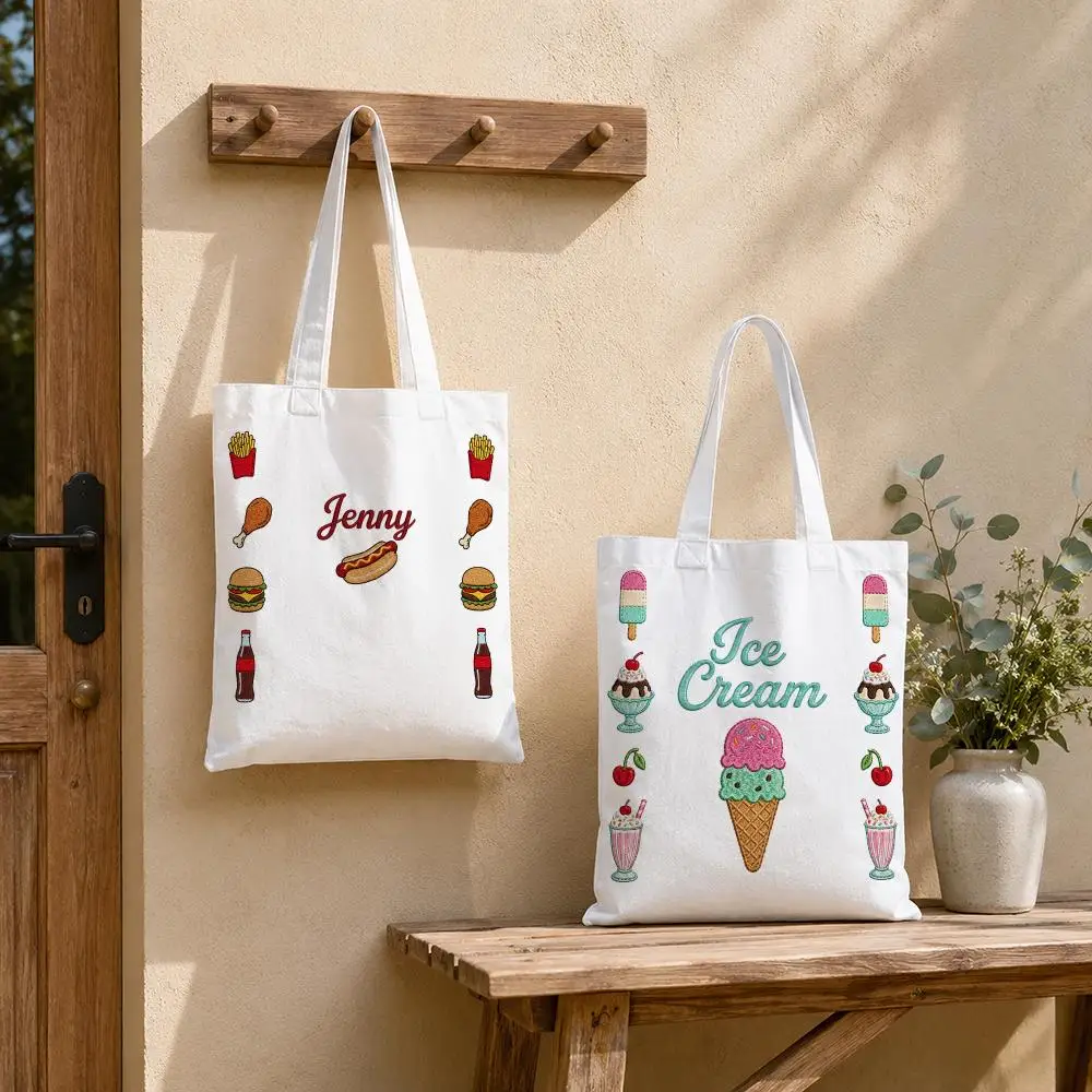 Foodie Embroidery Storage Bags Tote Bag Reusable Shoulder Shopping Foldable For School Work Travel Daily Use