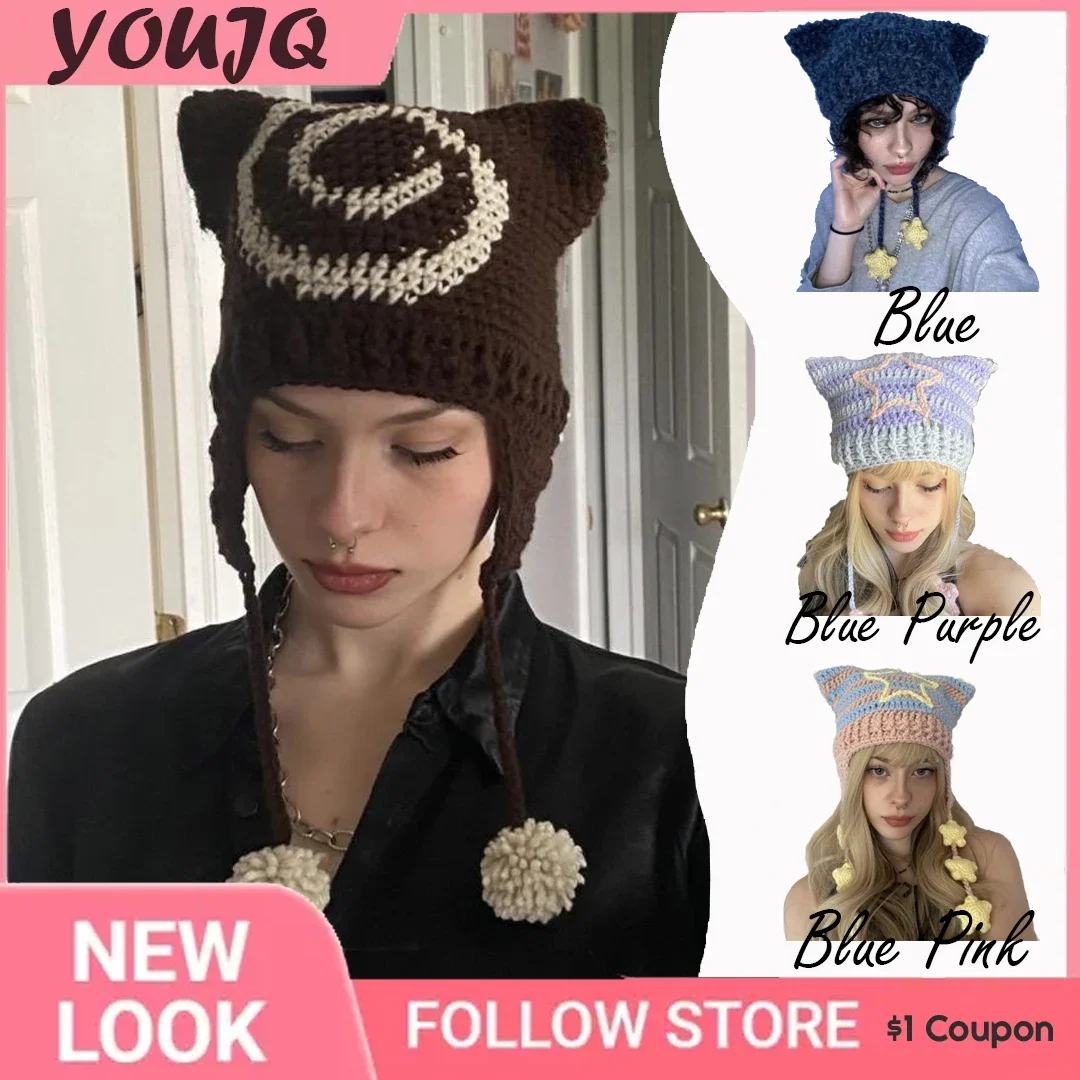 Y2K Punk Cat Bonnets Hats for Women Winter Warm Cat Ear Cap Grunge Goth Beanies Crochet Beanie Outdoor Activities Hot Sale