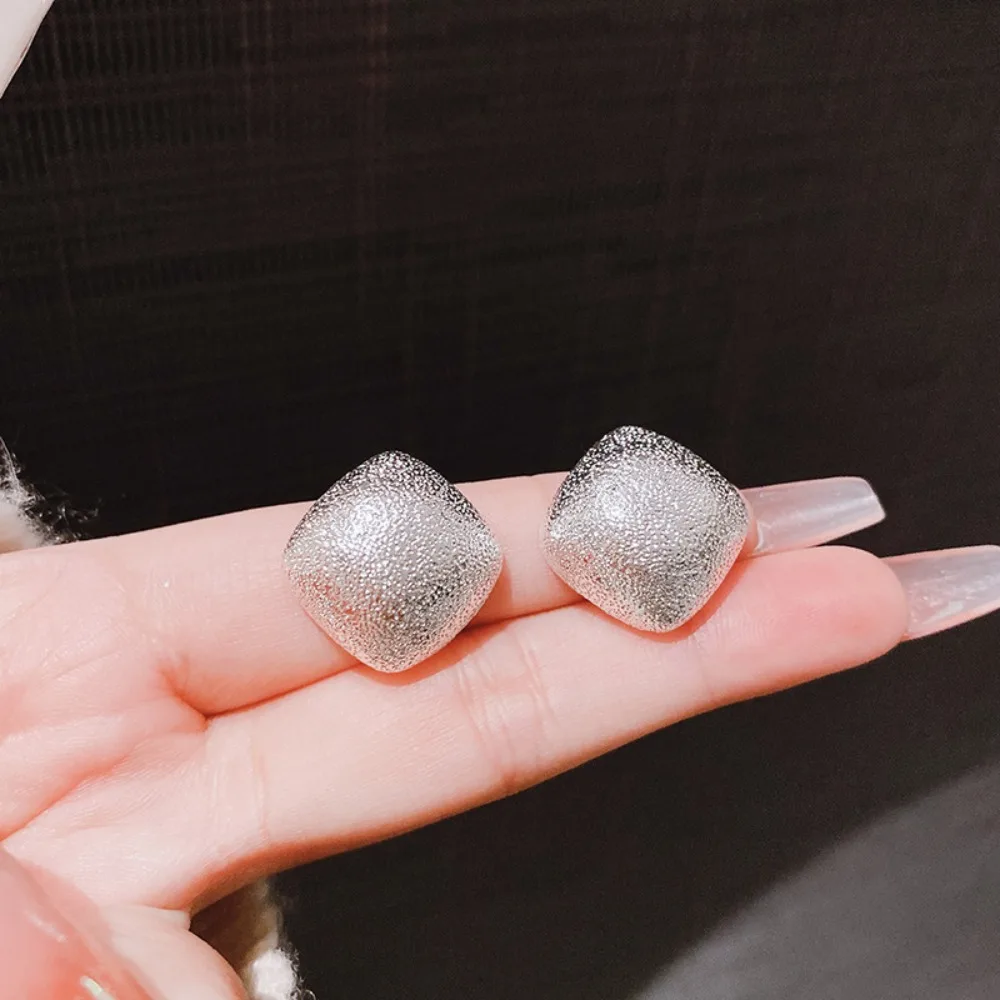 Temperament Personality Sanded Matte Metal Geometric Rhombic Square Stud Earrings for Women Fashion Simple Jewelry Accessories
