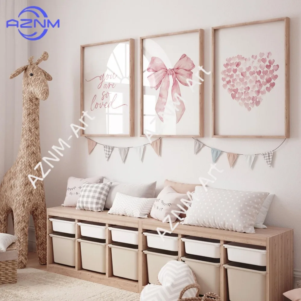 1Pc/3Pcs Cartoon watercolor pink bow love girl bedroom canvas decoration core poster frameless