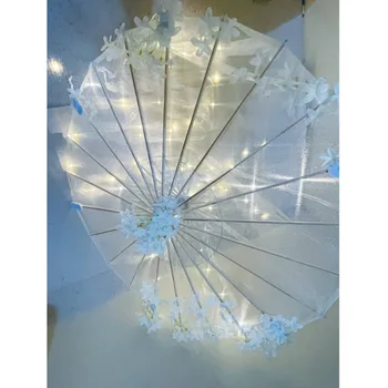 파란색 보라색 LED 원사 실크 천 장식 우산 파라솔, 공주 레이스, 중국 일본 우산 공예 파티, LED 코스프레