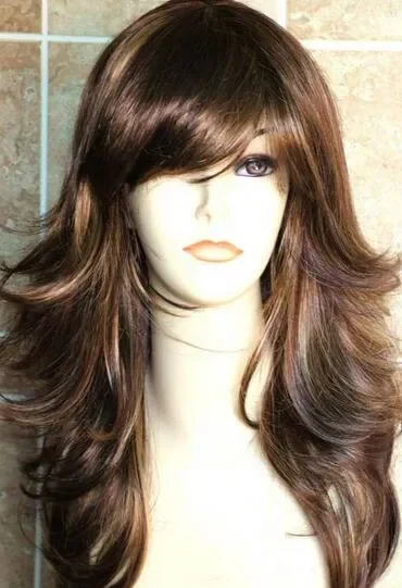 Ladies Long 2 Tone Mixed Brown Blonde Layered Cut Side Fringe Hair Fashion Wig