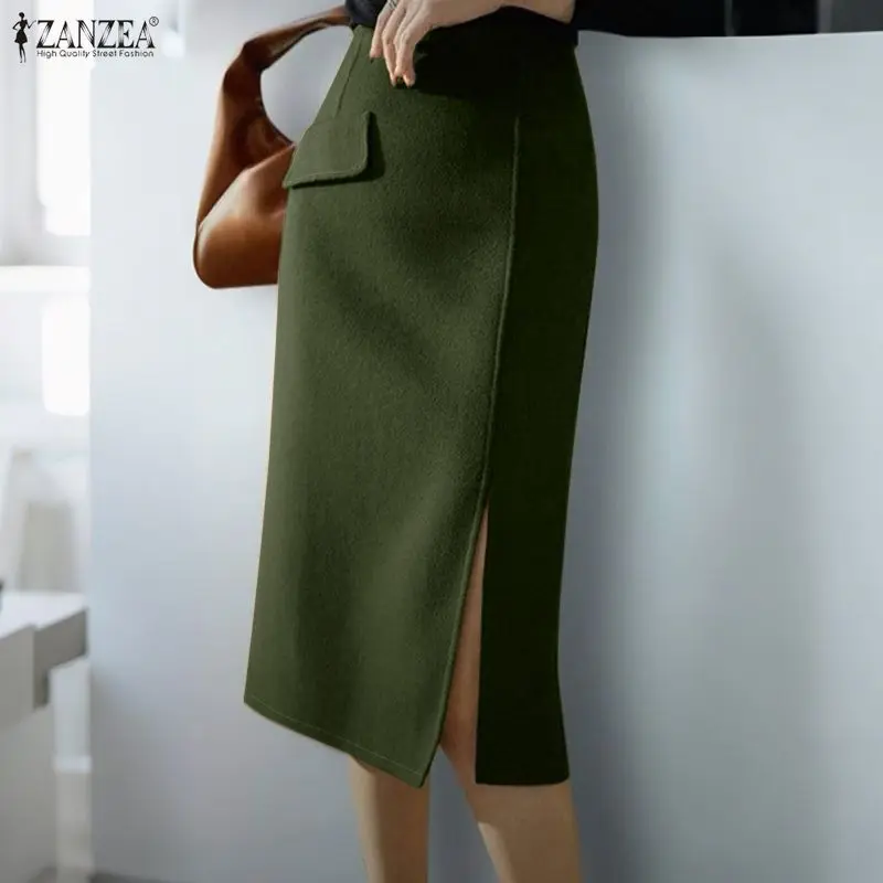 ZANZEA Elegant Office OL Solid Pencil Skirt Women High Waist Split Midi Skirt 2026 Fashion Casual Party Jupes Faldas Saia Street