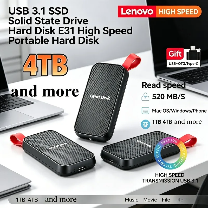 

Внешний SSD-накопитель Lenovo E31 для ноутбуков, PS5, телефонов, игровых консолей, резервного хранения, 1 ТБ, 4 ТБ, USB 3.1