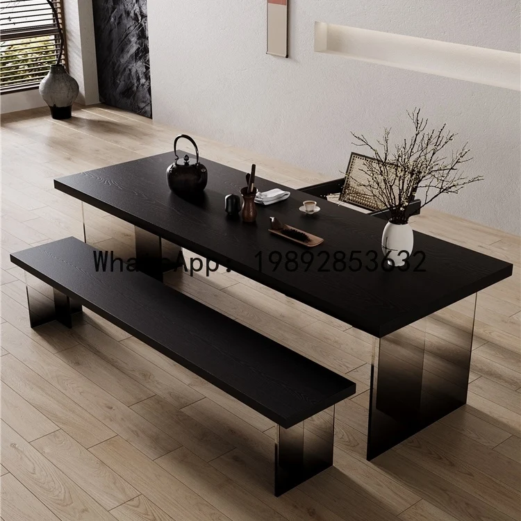 LYY Modern High-End Light Luxury Simple Black Solid Wood Desktop Large Board Office Desk Computer Desk Long Strip Dining
