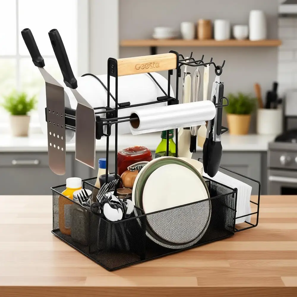 

Portable BBQ Picnic Caddy with Paper Towel and Magnetic Tool Holder, Condiment Storage, Utensil Organizer for Outdoor Grilling a