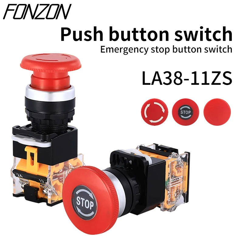 LA38-11ZS Self-Locking 22mm Emergency Power Button Switch Mushroom Head Emergency Stop Button 10A 1NO 1NC